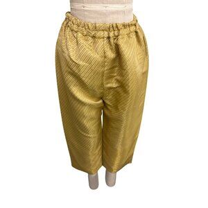Gold Textured Satin Elastic Waist Cropped Pants